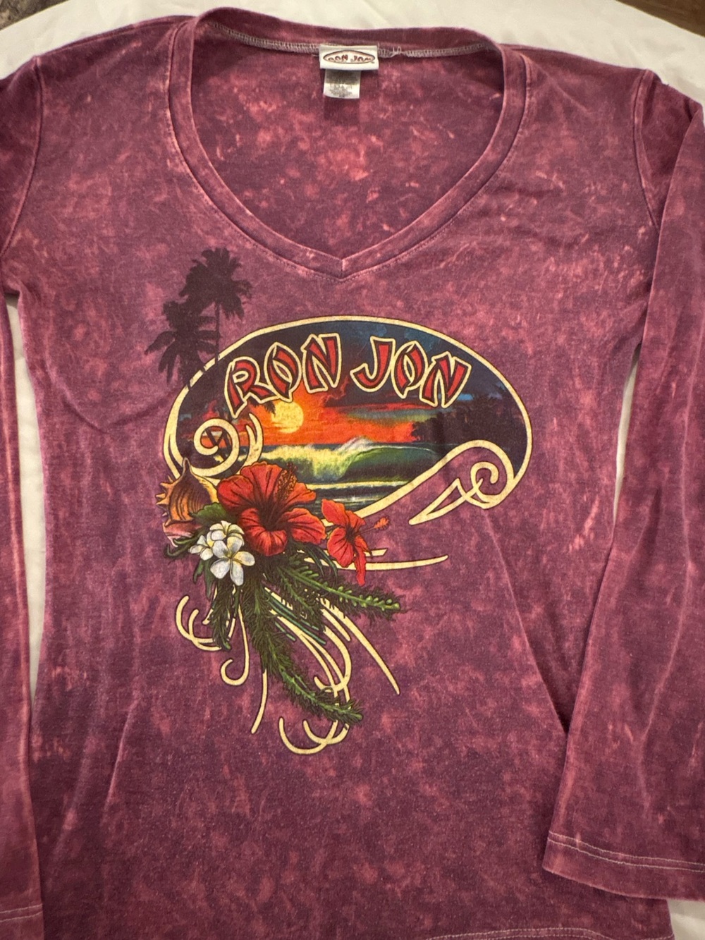 Ron Jon Surf Shop Purple Acid Wash Long Sleeve V-Neck Tee Size M Y2K
